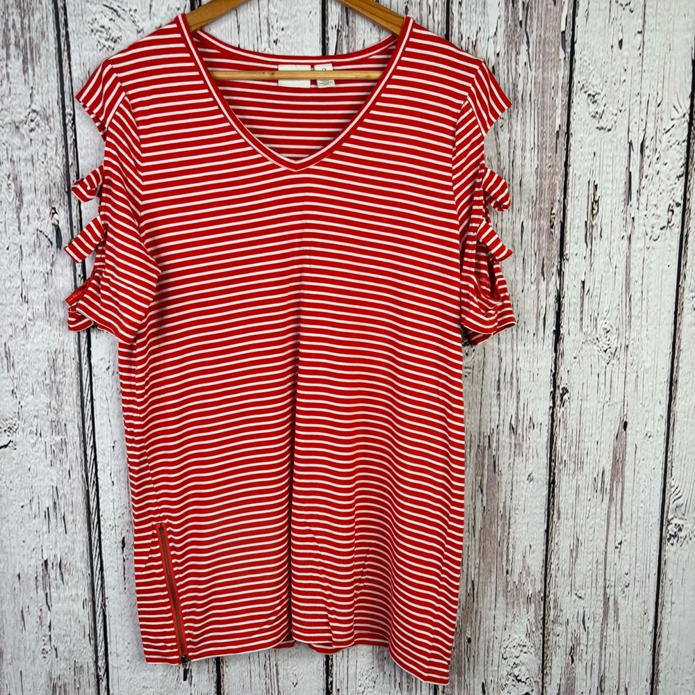 Zenergy by Chico’s 2‎ | Large Striped Shirt Cut Out Sleeve Details Red White Top